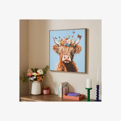 Dunelm Highland Cow Flower Crown Framed Canvas