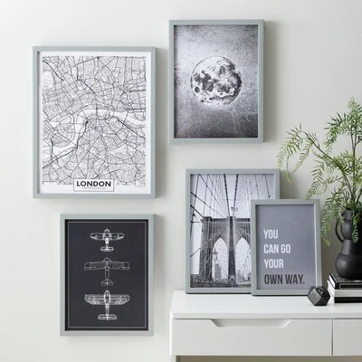 Dunelm Pack of 5 Industrial Posters Black and white