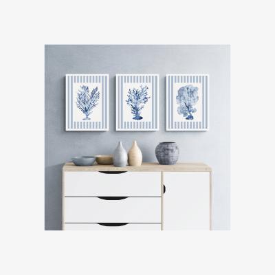 Dunelm Set of 3 Shibori Coral Striped Framed Prints Blue