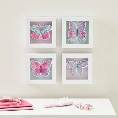 Dunelm Pack of 4 Butterfly Wall Art White, Green and Pink