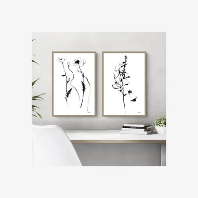 Dunelm Artko Set of 2 Inky Poppies and Foxgloves Framed Prints