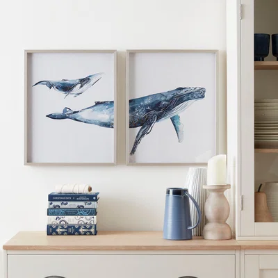 Dunelm Set of 2 Whale Mum Baby Framed Prints Blue