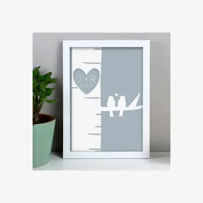 Dunelm Personalised Grey Love Birds A4 Framed Print White