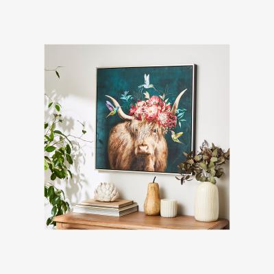 Dunelm Floral Highland Cow Framed Canvas