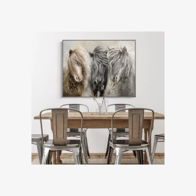Dunelm Cedar & Sage Windswept Ponies Framed Canvas Grey