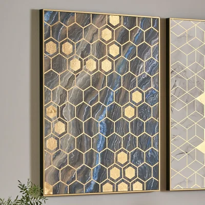 Dunelm Black Marble Canvas Print With Gold Geo Pattern Black/Gold