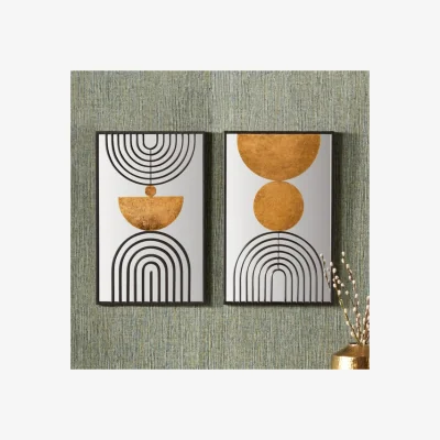 Dunelm Set of 2 Art Deco Style Mirrored and Glass Wall Art Gold