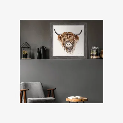 Dunelm Cedar & Sage Freddie Highland Cow Framed Print Grey