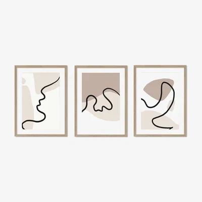 Furniture123 Beige & Black Abstract Lines Set of 3 Wood Framed Prints- Abstract House