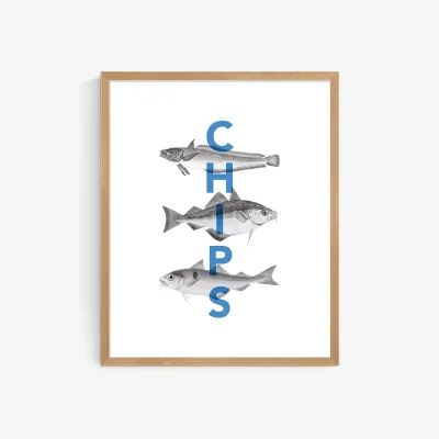 John Lewis Rocket Jack - 'Fish and Chips' Wood Framed Print, 52 x 42cm, Blue