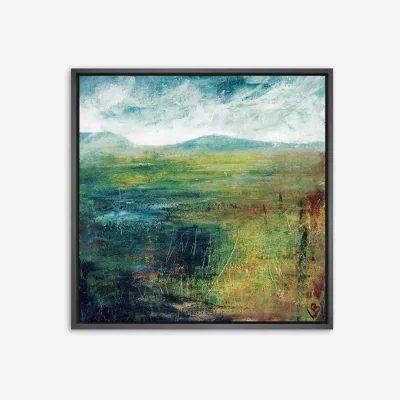 John Lewis Lesley Birch - 'Hill & Water' Wood Framed Canvas Print, 94 x 94cm, Green/Blue