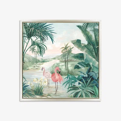 John Lewis Eva Watts - 'Flamingo Dream' Framed Canvas Print, 50 x 50cm, Green/Multi