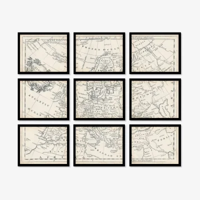 John Lewis Map of Europe Vintage Framed Prints Set, 9 Piece, Brown/Multi