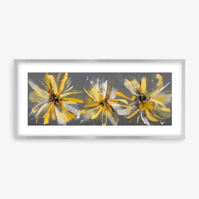 John Lewis Green Lili - Ochre Floral Framed Print & Mount, 48.5 x 103.5cm, Grey/Yellow