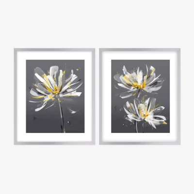 John Lewis Green Lili - Modern Floral Framed Print & Mount, Set of 2, 63.5 x 53.5cm, Grey/Yellow