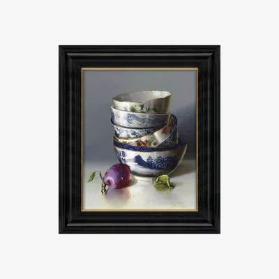 John Lewis Stacked China With Plum - Framed Canvas, 25 x 20cm, Blue/Multi