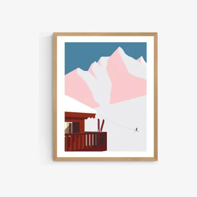 John Lewis Keeler & Sidaway - 'Ski Chalet' Wood Framed Print, 52 x 42cm, Blue/Pink