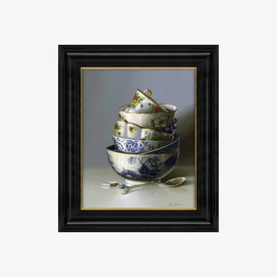 John Lewis Stacked China - Framed Canvas, 25 x 20cm, Blue/White