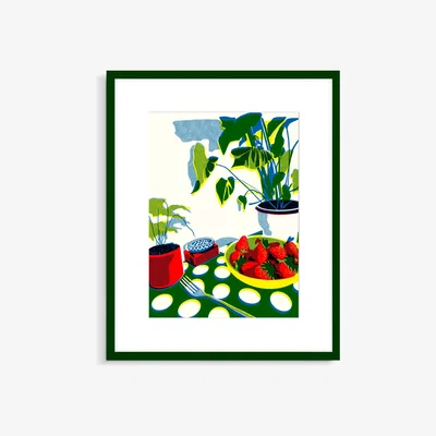 John Lewis Becky Mann - 'Bowl of Strawberries' Framed Print & Mount, 52 x 42cm, Green/Multi