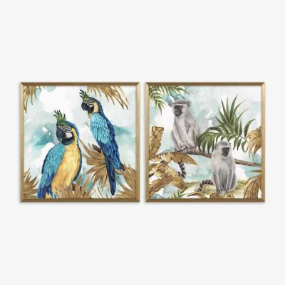 John Lewis Eva Watts - 'Parrots & Monkeys' Framed Prints, Set of 2, 52 x 52cm, Blue/Multi