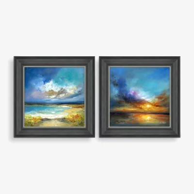 John Lewis Anna Schofield - 'Cornish Coast & Amazing Sunset' Framed Print, Set of 2, 53 x 53cm, Blue/Multi