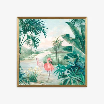 John Lewis Eva Watts - 'Flamingo Dream' Framed Print, 52 x 52cm, Green/Multi
