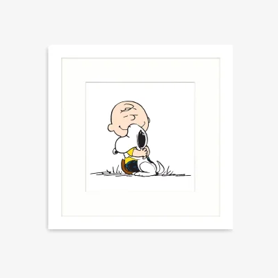 John Lewis Peanuts - 'Snoopy & Charlie Brown Hug' Framed Print & Mount, 32 x 32cm, White/Multi