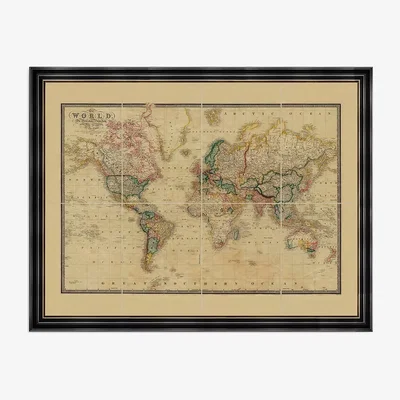 John Lewis Old Folding Maps - Map of the World 1861 Vintage Framed Print & Mount, 65.5 x 92cm