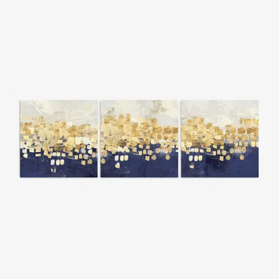 John Lewis PI Studio - 'Dancing Stars' Abstract Canvas Print, Set of 3, 30 x 30cm, Gold/Blue