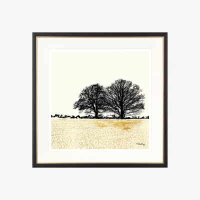 John Lewis Charlotte Oakley - Tree Pair In Golden Field Framed Print & Mount, 36 x 36cm, Gold