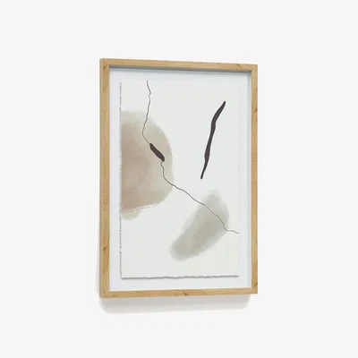 Kave Home Torroella abstract painting in white, brown, and grey with a black stripe, 50 x 70 cm
