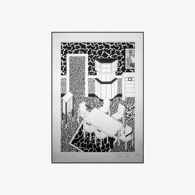 Made in Design Drawing for Interior 3 Poster - / Screen printing by George J. Sowden, 1983 - Limited edition, signed by Memphis Milano White/Black