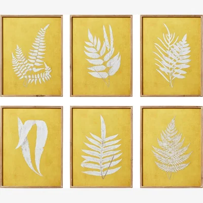OKA OKA, Set of Six Fern Framed Prints - Ochre, Wall Prints, Glass/Wood
