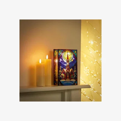 Downtown Premier Lit Church with Star Stained Glass - 21cm In Multicolour