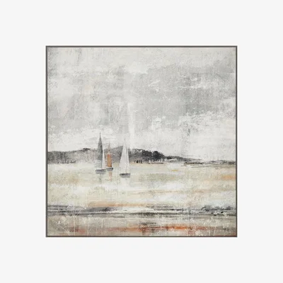 Perch and Parrow Foggy Shoreline Framed Canvas Wall Art