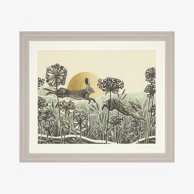 Perch and Parrow Skipping Hare Framed Wall Art