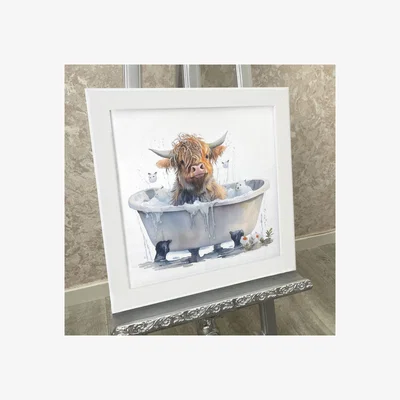 Pagazzi Baby Highland Cow in Bathtub Wall Art with White Frame