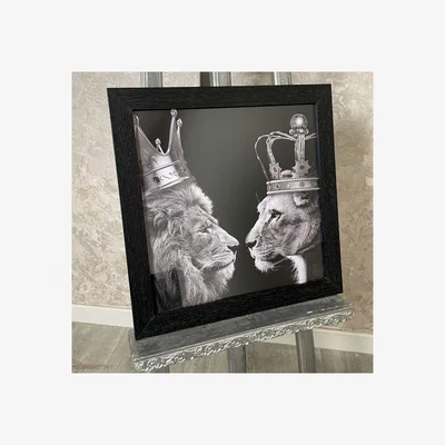Pagazzi King & Queen Lions with Silver Crowns Artwork with Black Frame
