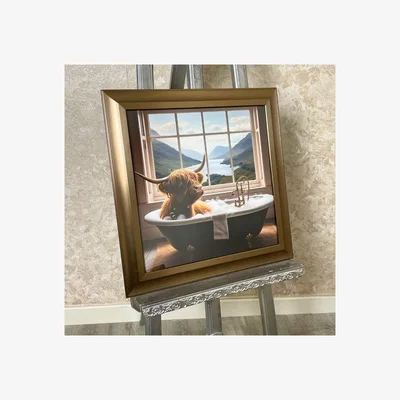 Pagazzi Highland Cow in the Bath II with Gold Frame