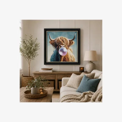 Pagazzi Bubblegum Highland Cow Framed Wall Art – 70x70cm