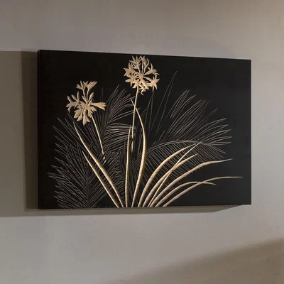 Quatropi Wall Artwork Hand Carved Paulownia Wood Black Flowers and Palm 900x600