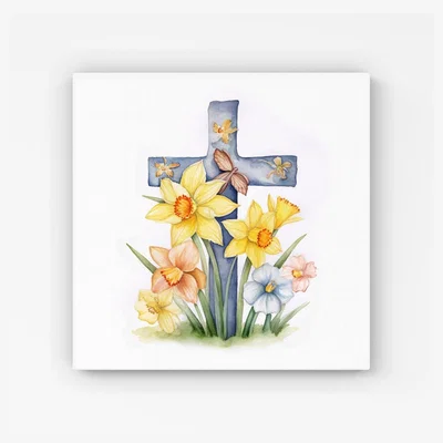 The Range Watercolour Easter Cross with Daffodils HD Metal Print - Yellow / 56cm