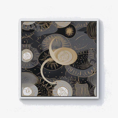 The Range Abstract Silver Gold Sun and Moon Canvas Print - Grey / White Frame / 76.2cm