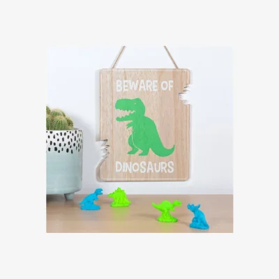 The Range Beware of Dinosaurs Hanging Sign - Keep Out Intruders Warning - Yellow