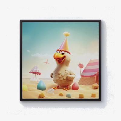 The Range Funky Chicken On A Beach Holiday Canvas Print - Yellow / 76.2cm / Black Frame