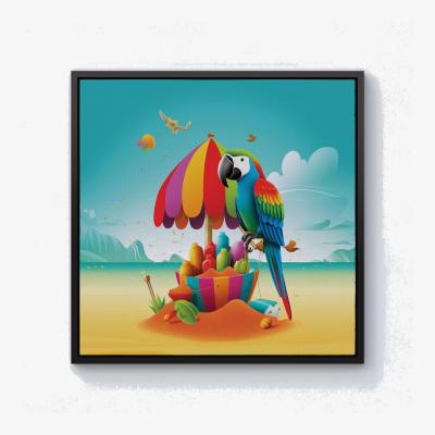 The Range Parrot On A Beach Holiday Canvas Print - Yellow / Black Frame / 101.6cm