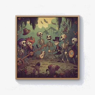 The Range Cartoonish Skeletons Having A Party Canvas Print - Blue / 25.4cm / Pine Frame