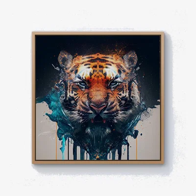 The Range Tiger Face Splashart Canvas Print - Brown / 101.6cm / Pine Frame