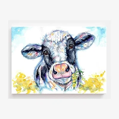 The Range Watercolor Canvas Print of Frisian Cow Enjoying Buttercups - Black / 30 x 20in