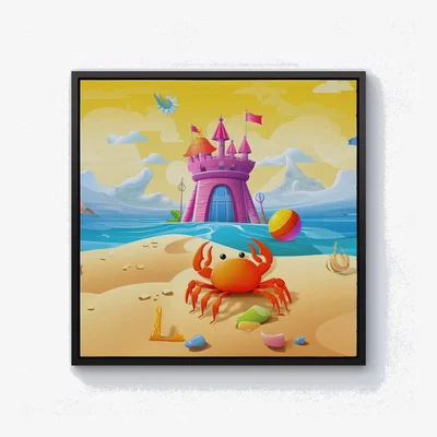 The Range Orange Crab On A Beach Holiday Canvas Print - Yellow / 76.2cm / Black Frame